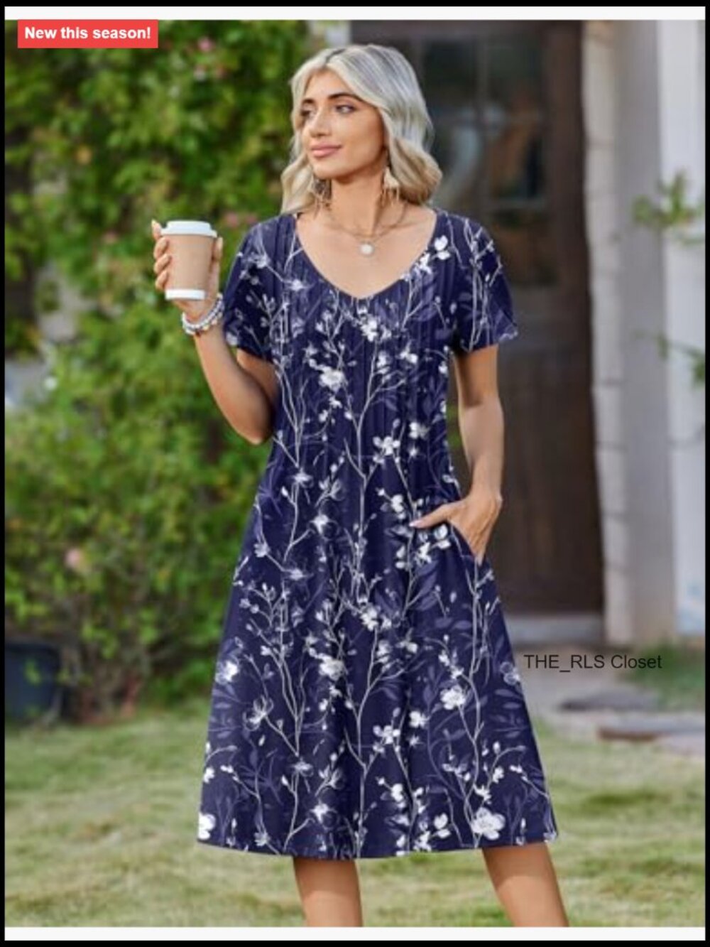 Pleated Midi A-Line Dress with Pockets, Short Sleeve, Casual Summer - Picture 2 of 7